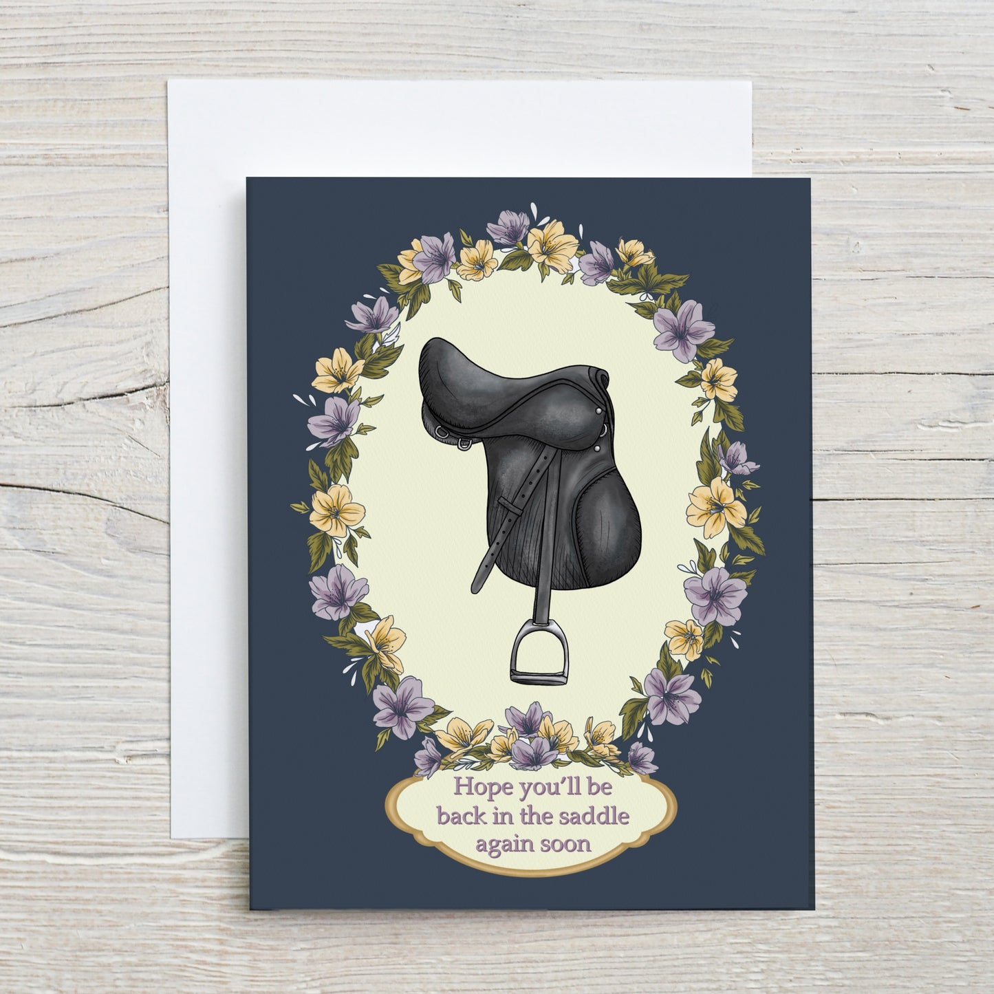 "Hope your are back in the saddle again soon" English Greeting Card