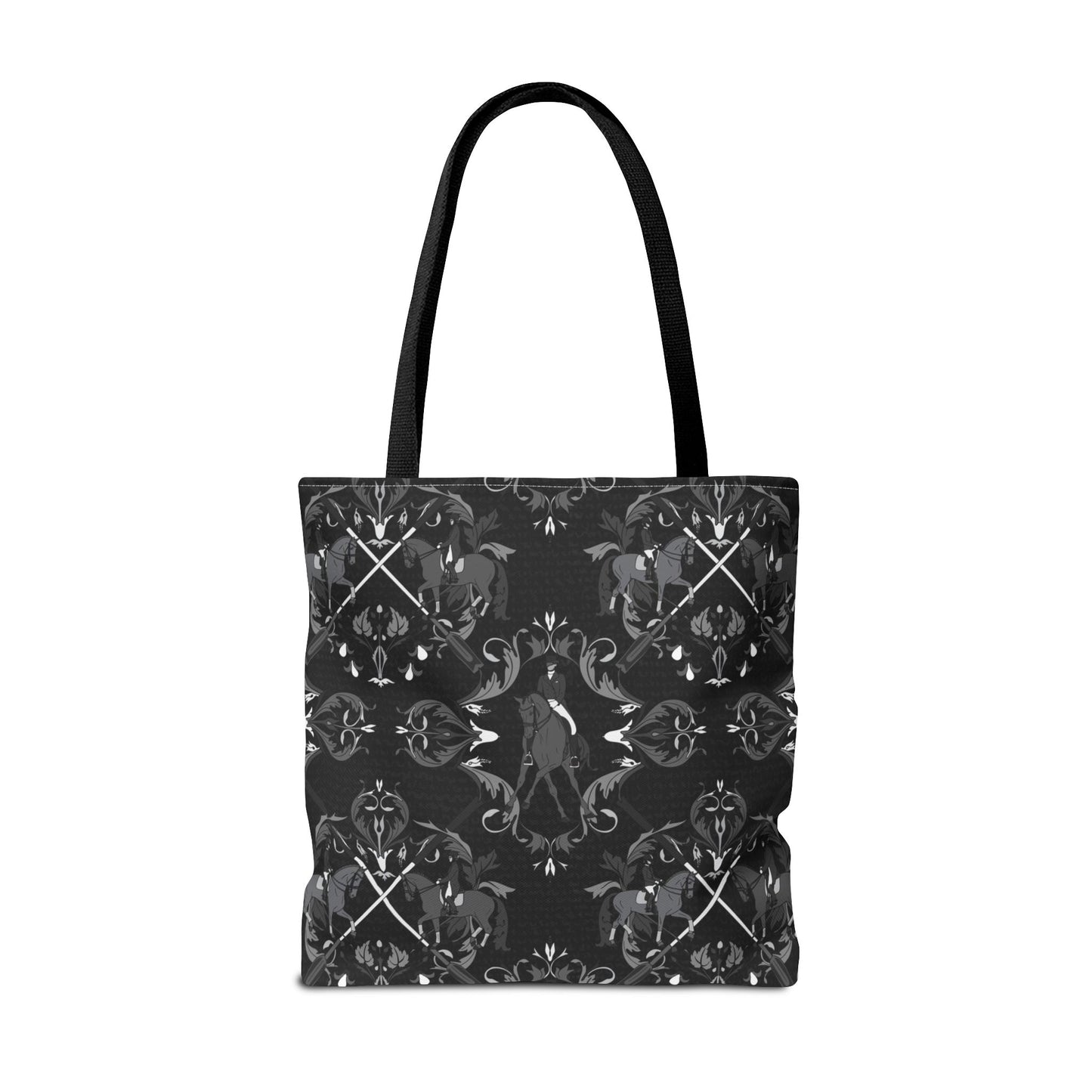 Black and White Dressage Crests Tote Bag – Dark Symmetrical Pattern AOP