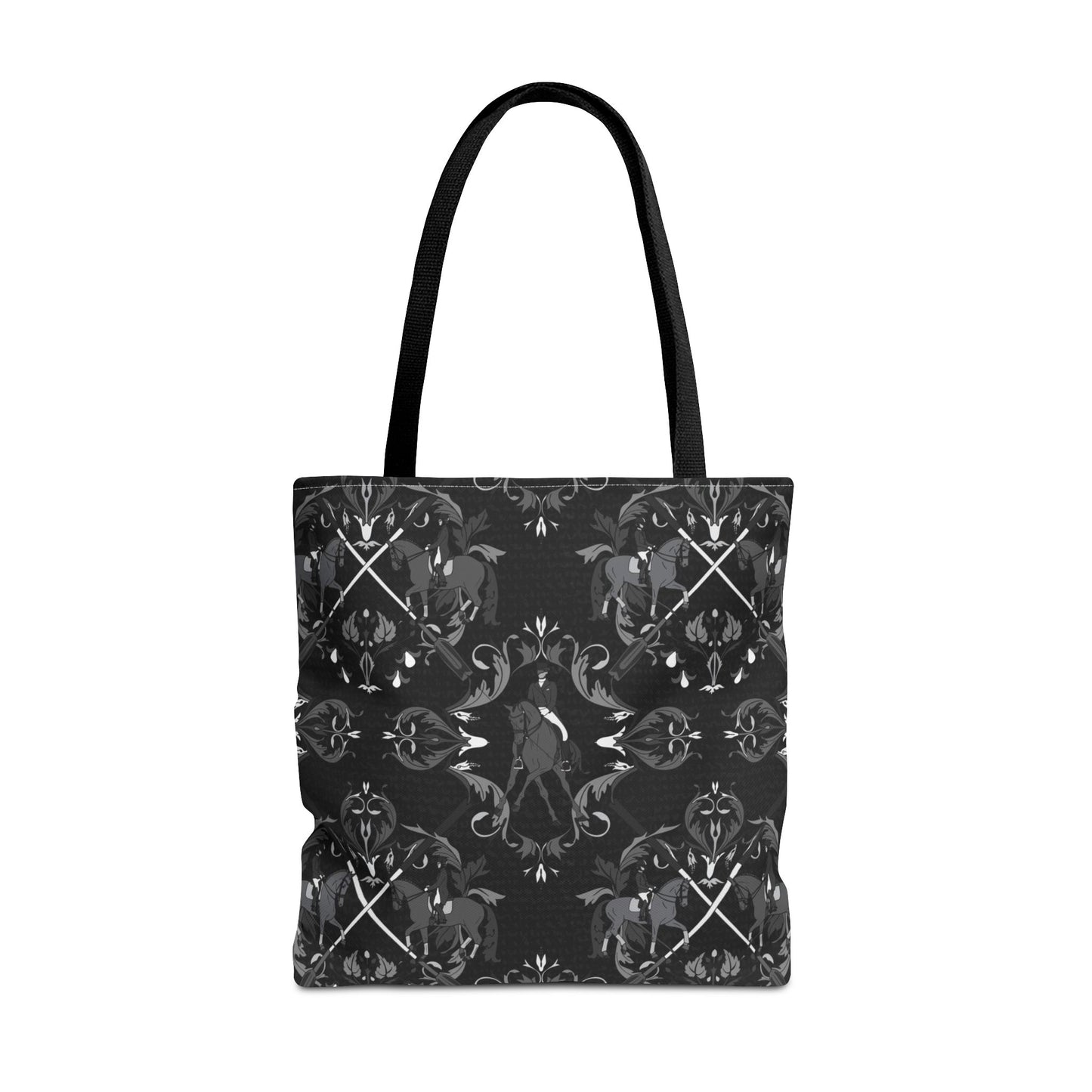 Black and White Dressage Crests Tote Bag – Dark Symmetrical Pattern AOP