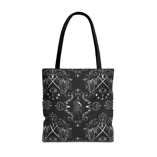 Black and White Dressage Crests Tote Bag – Dark Symmetrical Pattern AOP